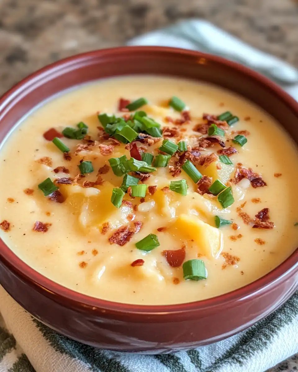 Creamy baked potato soup in a bowl with steam rising