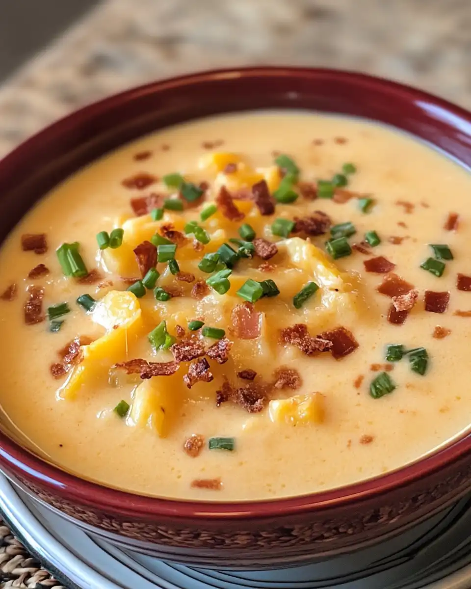 Close-up of the final creamy baked potato soup garnished with bacon and green onions
