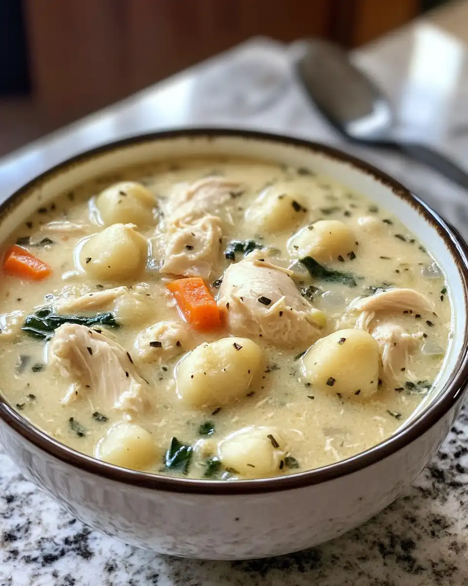 Creamy chicken and gnocchi soup served in bowls ready to eat