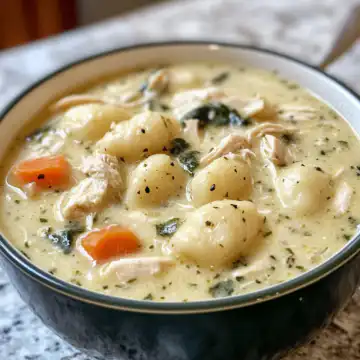 Creamy Chicken and Gnocchi Soup taken with iphone 15 pro max --iw 2 --ar 4:5 --v 6.1 --raw