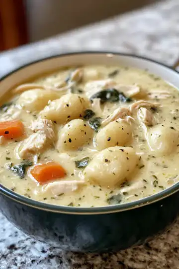 Creamy Chicken and Gnocchi Soup taken with iphone 15 pro max --iw 2 --ar 4:5 --v 6.1 --raw