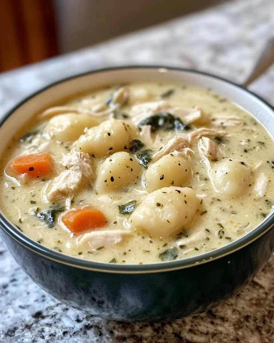 Creamy chicken and gnocchi soup simmering in pressure cooker