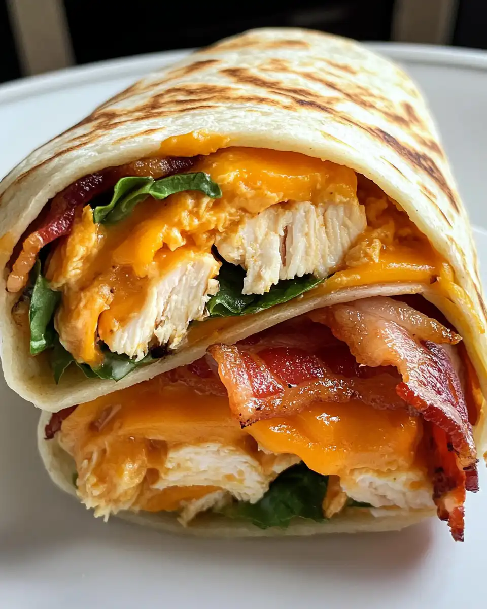 Crunchy bacon chicken ranch wrap with cheddar close-up shot
