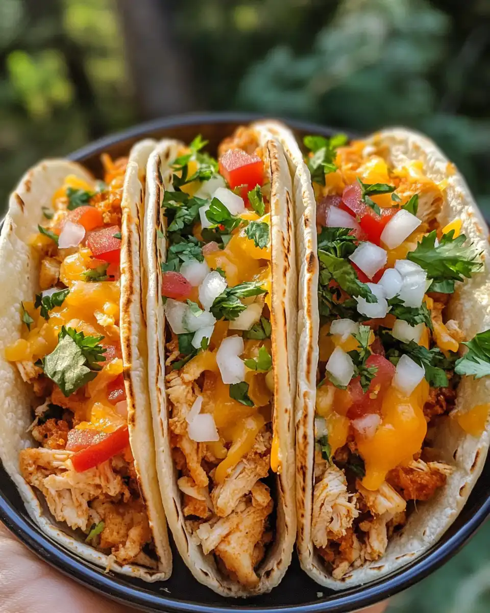 Ingredients for cheesy chicken tacos including shredded chicken, cheese, sour cream, and green onions