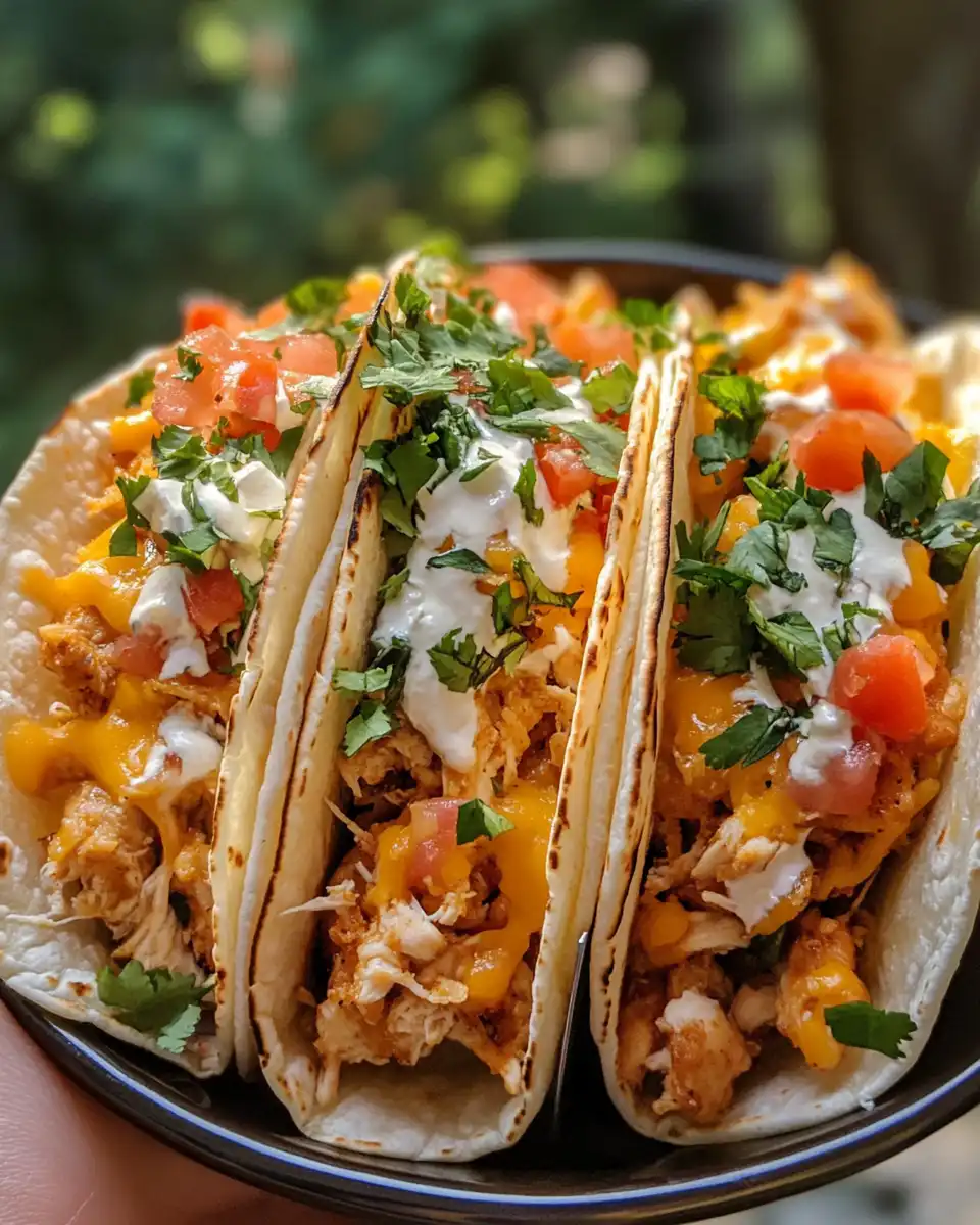 Cut double decker cheesy chicken tacos showing crisp tortillas and gooey cheese inside