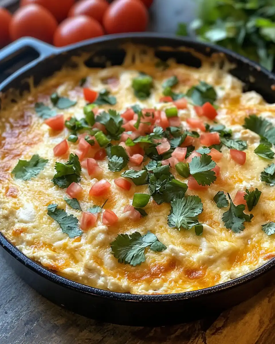 Golden bubbly cheesy crust on baked chicken queso dip served with tortilla chips
