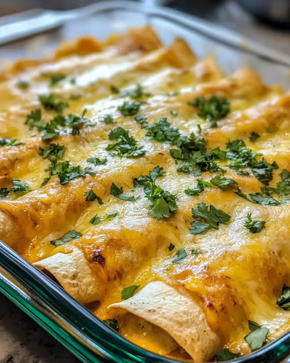 Baked creamy chicken enchiladas with melted cheese topping