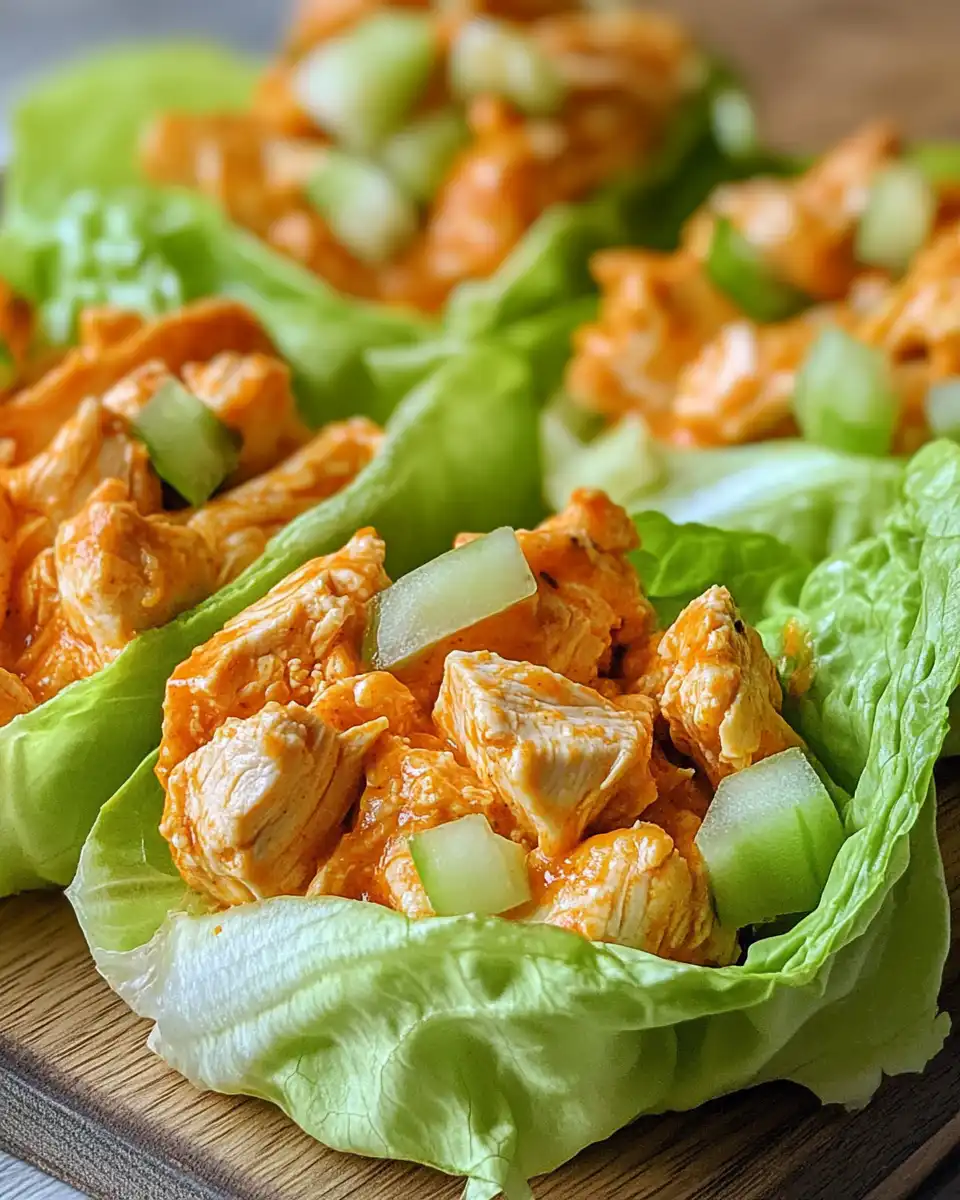 Buffalo chicken lettuce wraps with spicy sauce and fresh lettuce