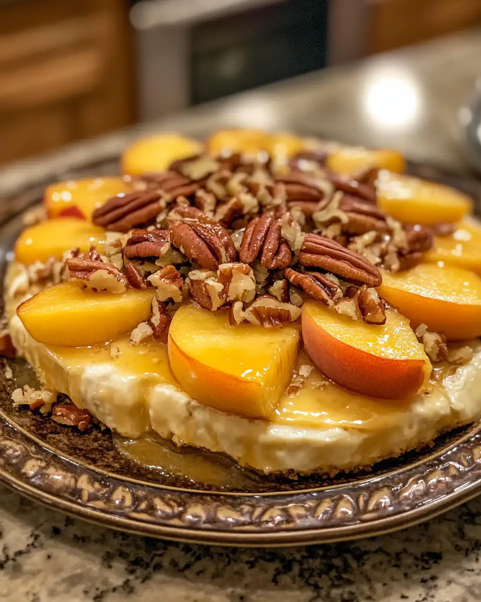 Ingredients for Peach & Pecan Baked Brie on a wooden table
