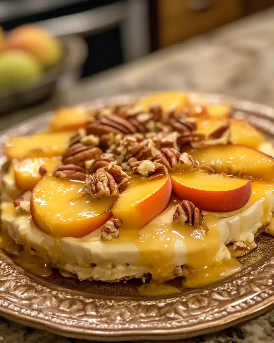 Perfectly baked Peach & Pecan Brie ready to serve on a plate
