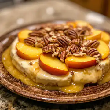 Easy Peach and Pecan Baked Brie taken with iphone 15 pro max --iw 2 --ar 4:5 --v 6.1 --raw