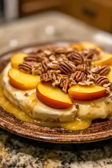 Easy Peach and Pecan Baked Brie taken with iphone 15 pro max --iw 2 --ar 4:5 --v 6.1 --raw