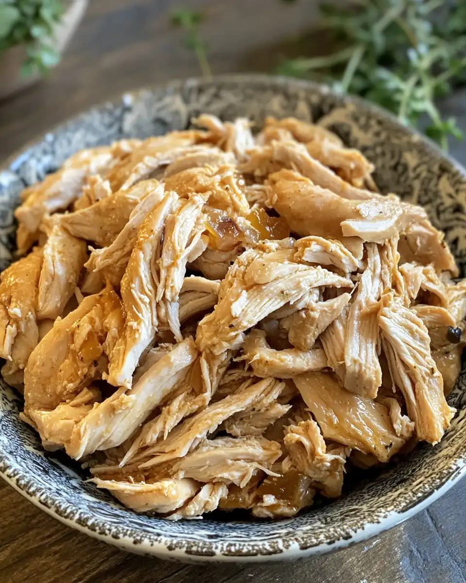 Plate of tender shredded chicken ready to serve