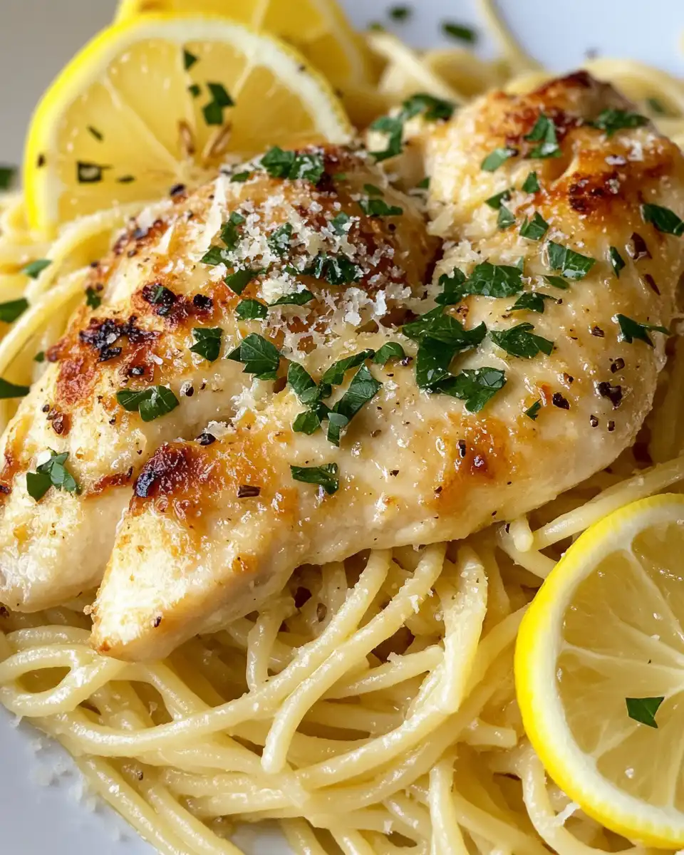 Plated garlic butter chicken with lemon parmesan pasta ready to serve