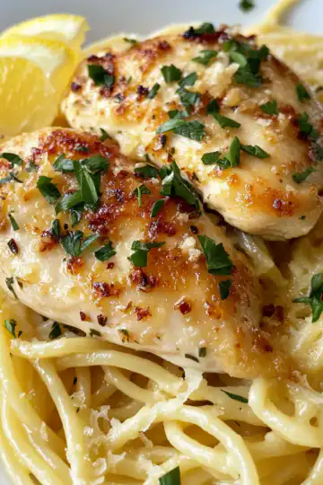 Garlic Butter Chicken with Lemon Parmesan Pasta taken with iphone 15 pro max --iw 2 --ar 4:5 --v 6.1 --raw