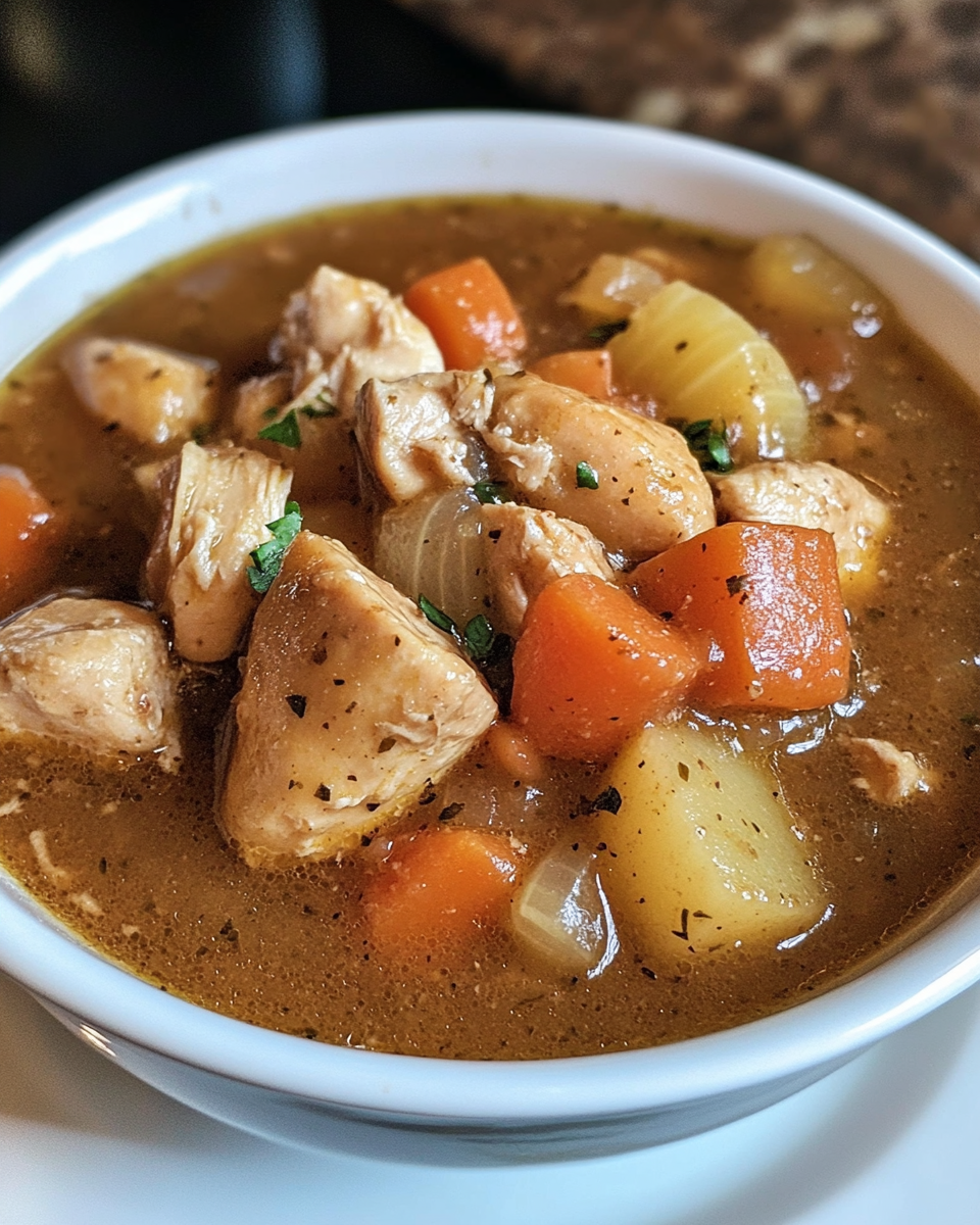 A bowl of hearty chicken stew ready to eat