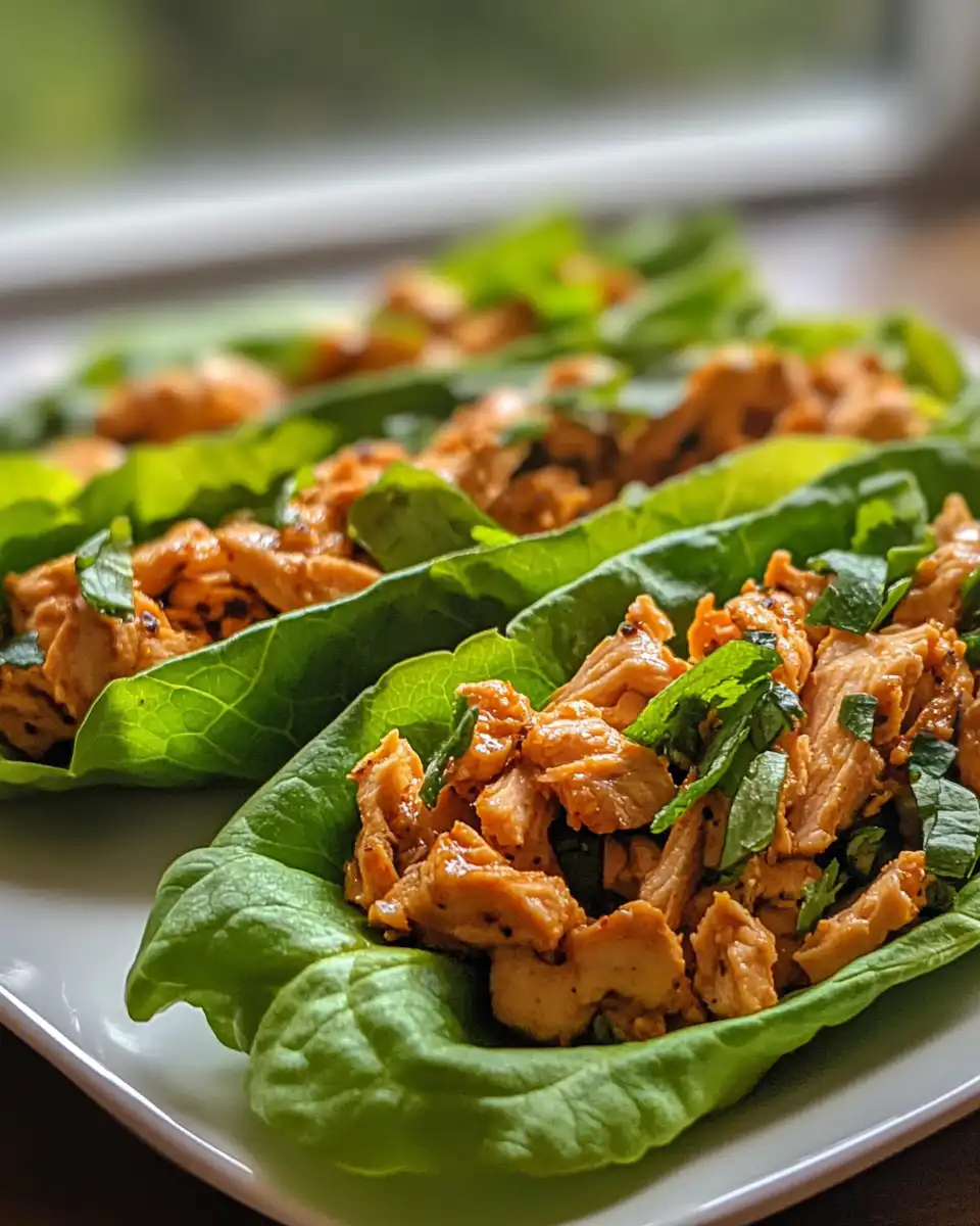 Final plated healthy chicken lettuce wraps with fresh herbs and sesame seeds