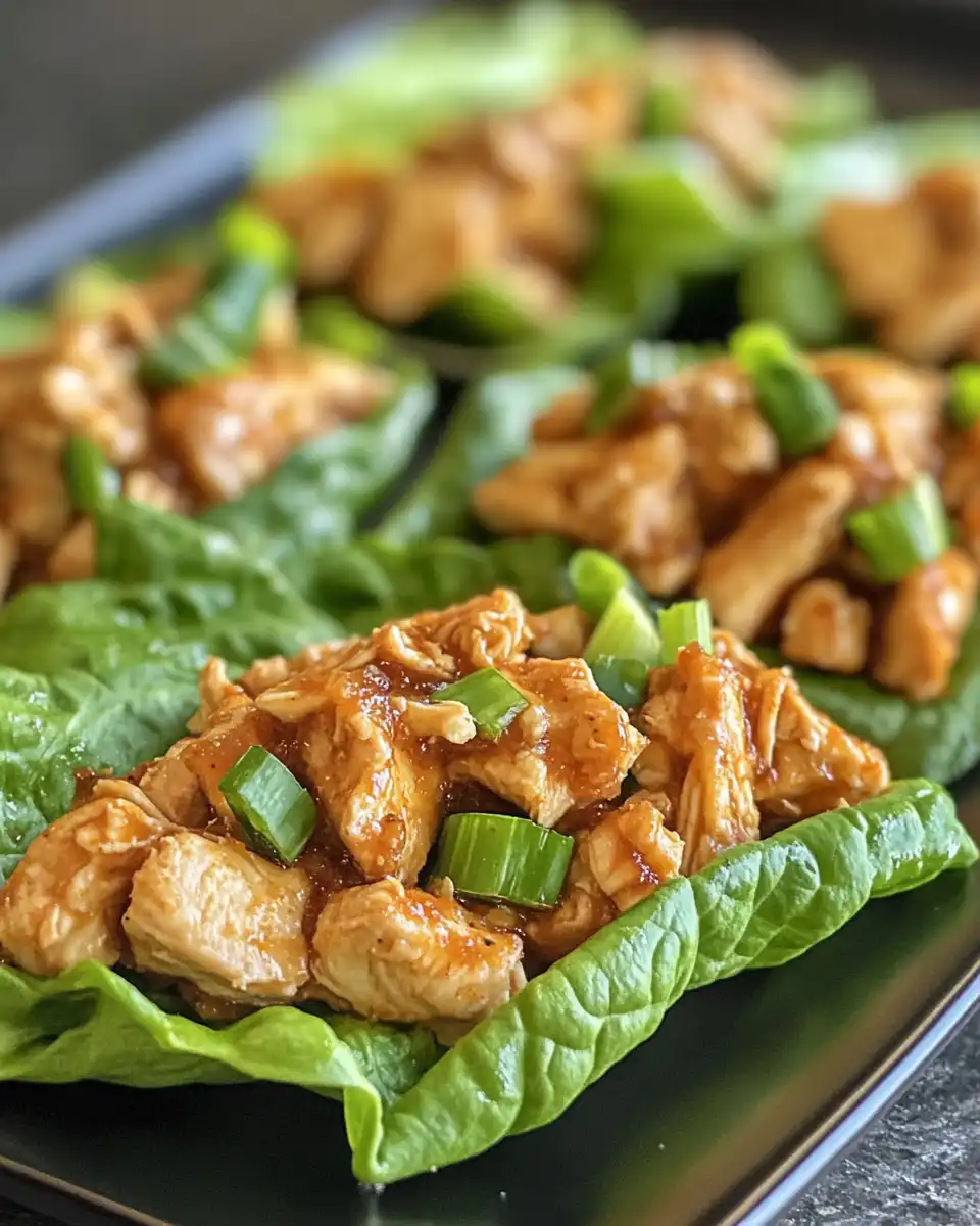 Plated Instant Pot chicken lettuce wraps with water chestnuts and fresh butter lettuce