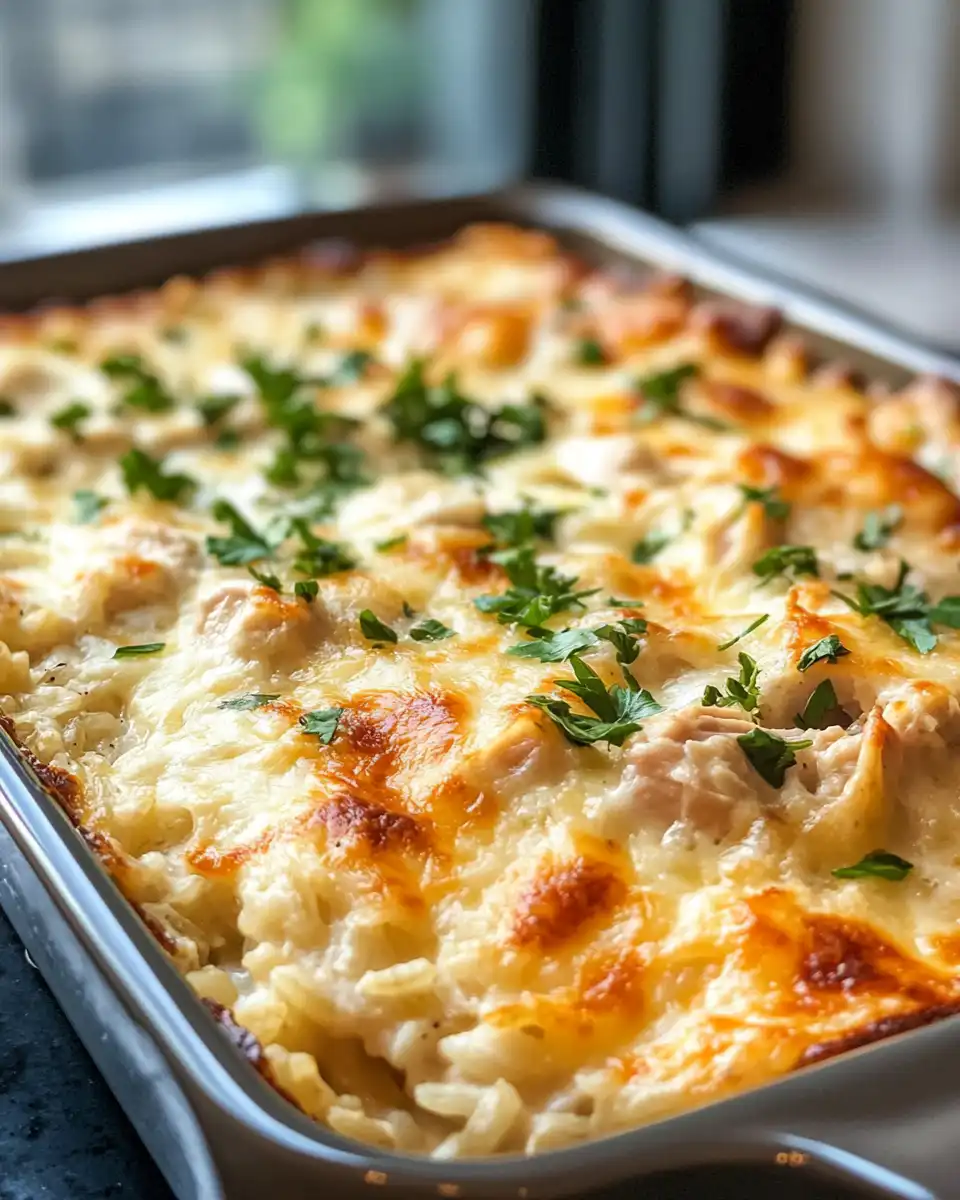 Plated creamy chicken and rice casserole served hot and ready to enjoy