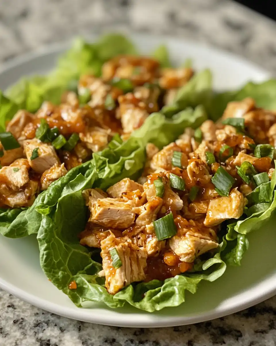 Final step serving peanut chicken mixture in butter lettuce leaves