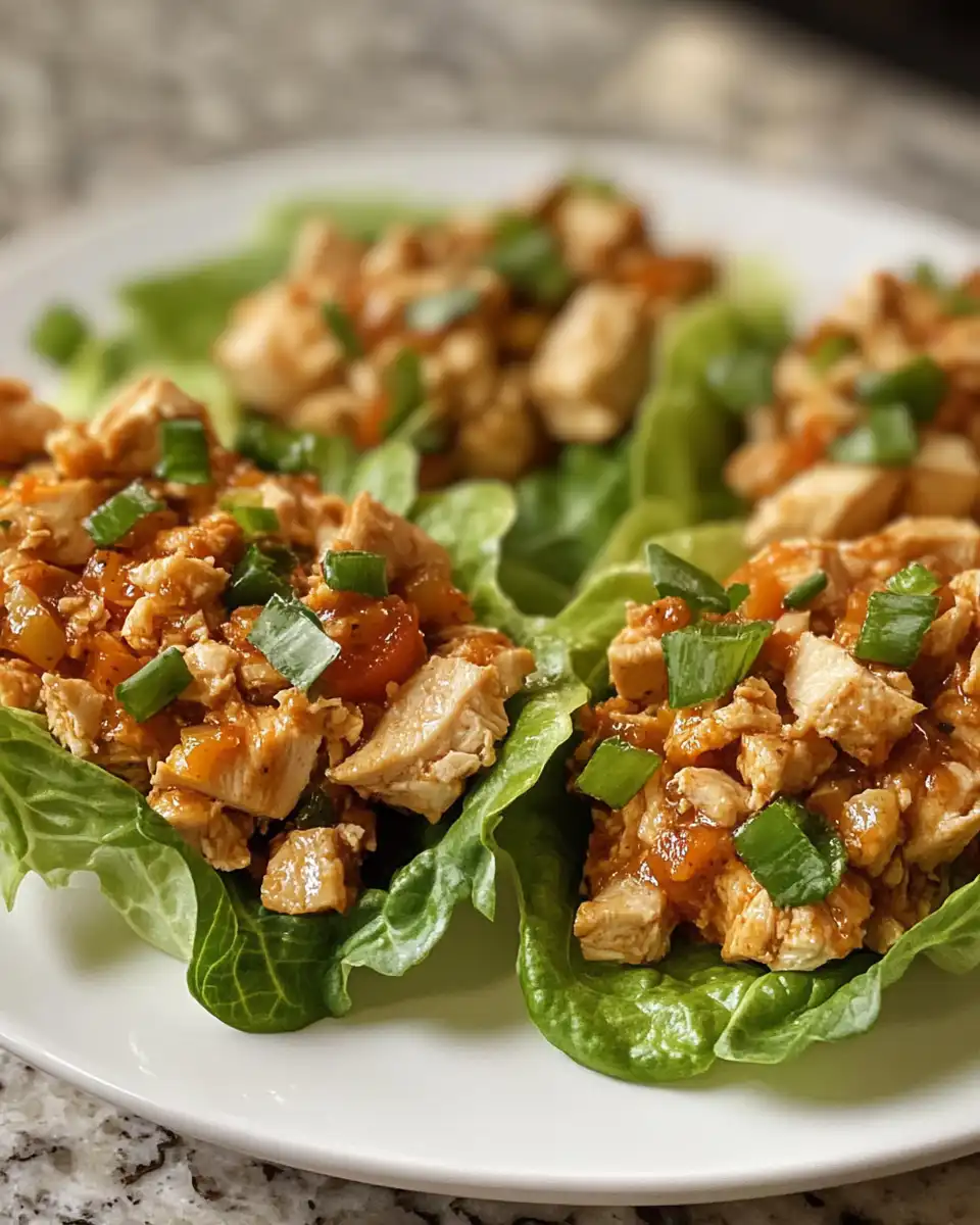 Close-up of peanut chicken lettuce wraps with creamy sauce and crisp butter lettuce