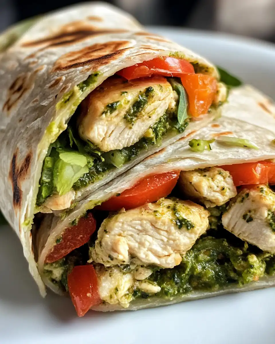 Ingredients for pesto chicken wraps arranged in bowls and on cutting board