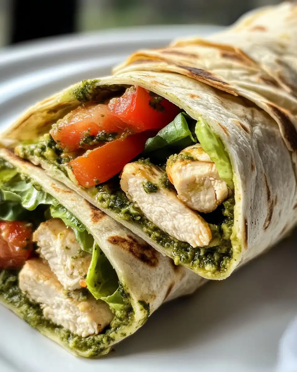 Finished pesto chicken wraps sliced and plated warm