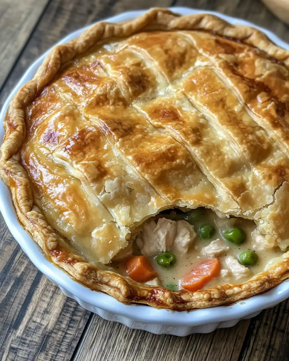 Steam and bubbling filling inside quick and easy chicken pot pie