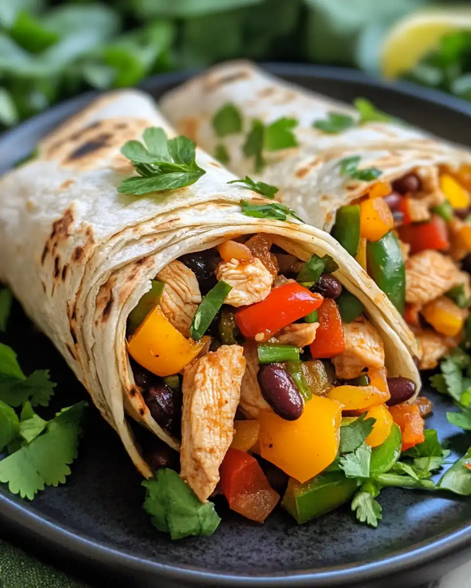 Final plated chicken fajitas with tortillas and fresh cilantro