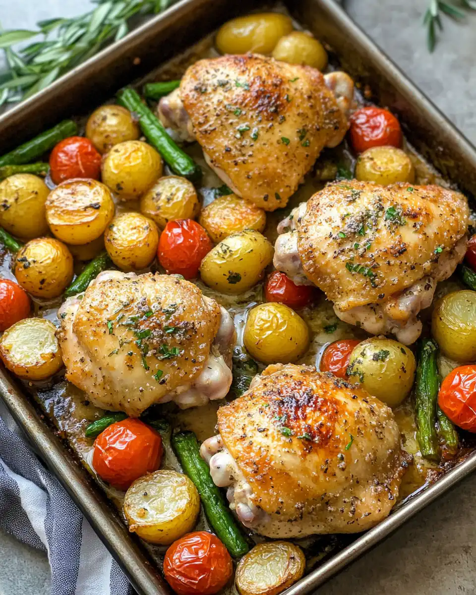 Final plated Parmesan garlic chicken thighs with roasted veggies