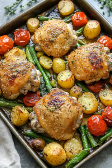 Sheet Pan Parmesan Garlic Chicken Thighs with Veggies taken with iphone 15 pro max --iw 2 --ar 4:5 --v 6.1 --raw