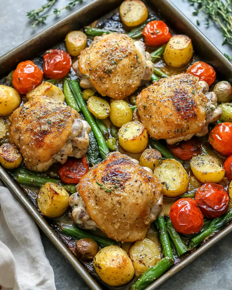 Sheet pan with Parmesan garlic chicken thighs and veggies