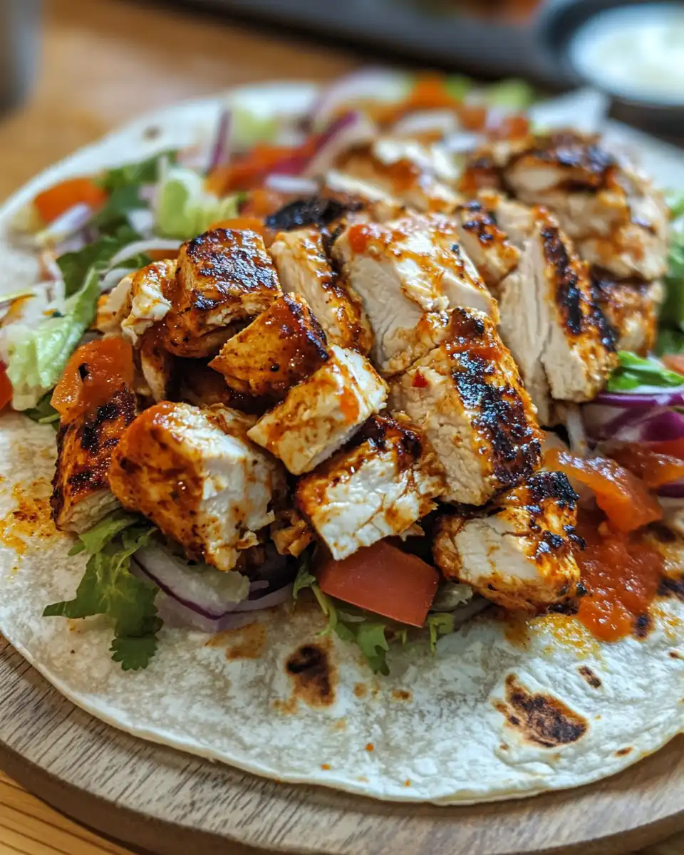 Rolled spicy chicken wraps plated and ready to serve