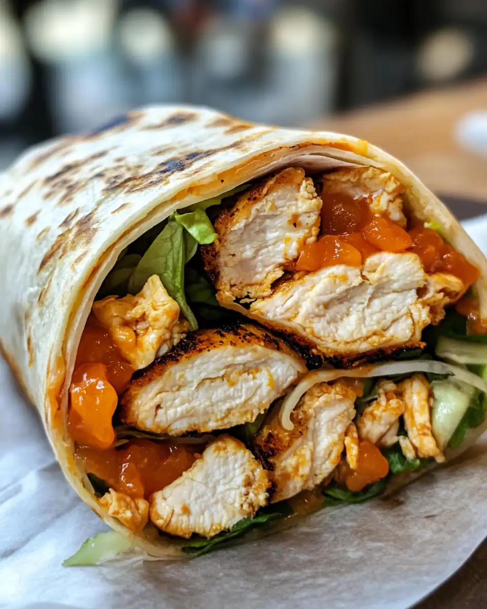 Ingredients for chicken wrap including chicken, greens, red onions, pickles and yogurt sauce