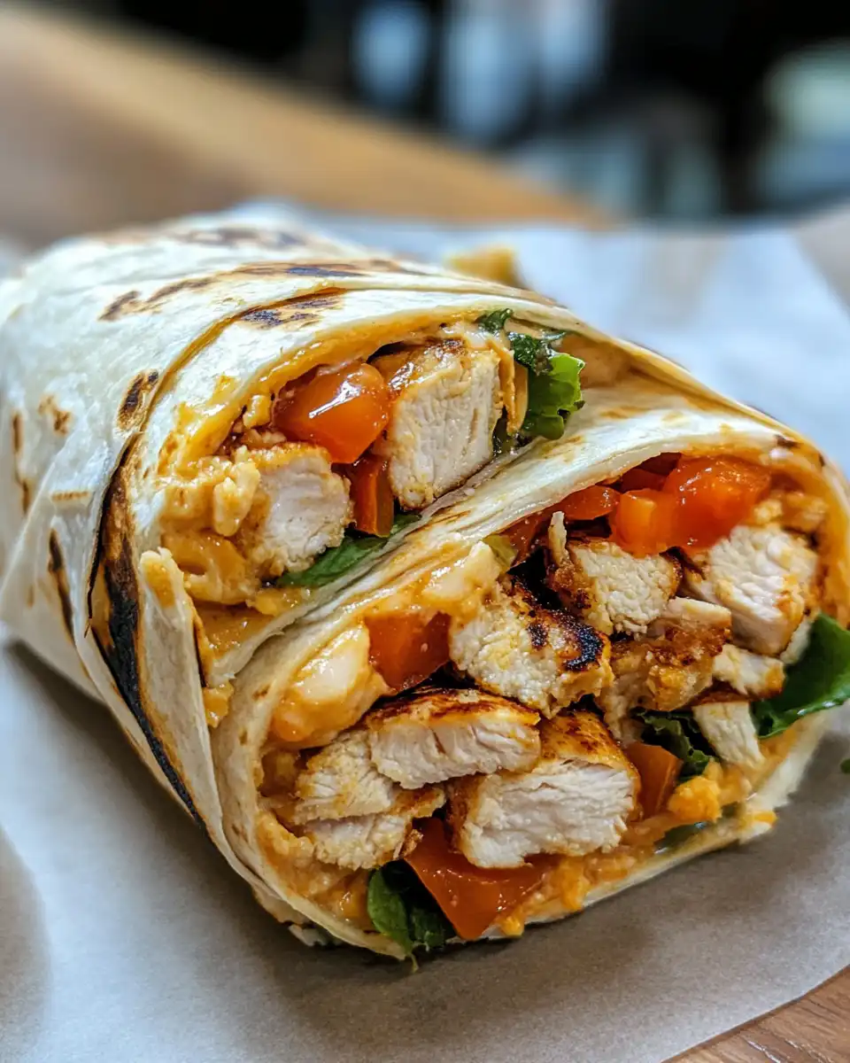 Sliced chicken wrap showing fresh ingredients and tangy yogurt in serving