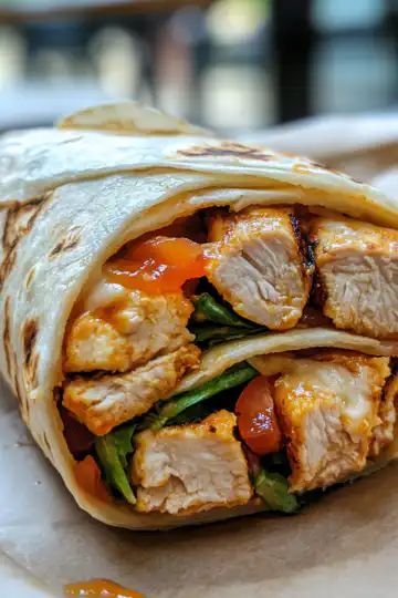 Sweet and Tangy Chicken Wrap taken with iphone 15 pro max --iw 2 --ar 4:5 --v 6.1 --raw