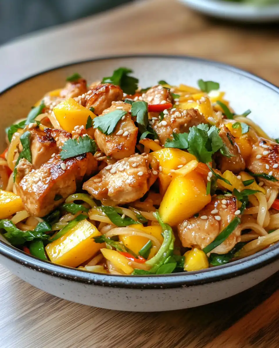 Ingredients for Thai mango salad including fish sauce, lime, chilies, and fresh vegetables