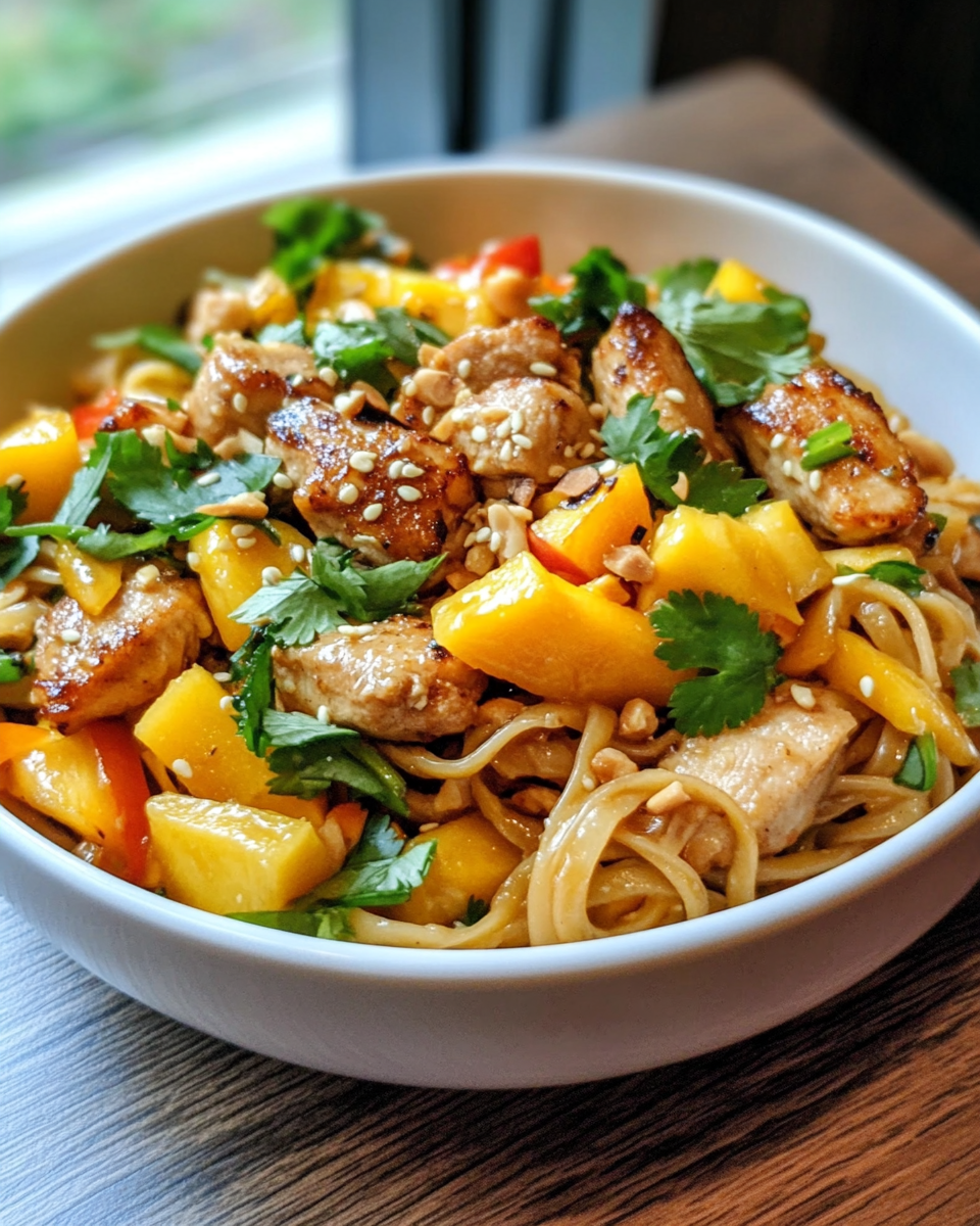 Served Thai mango salad plated with fresh herbs and lime wedges