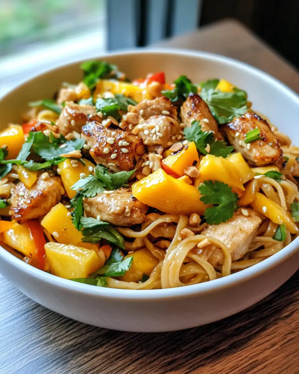 Served Thai mango salad plated with fresh herbs and lime wedges