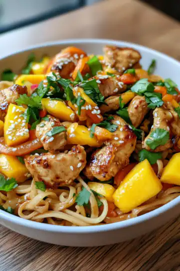 Thai Mango and Noodle Chicken Salad taken with iphone 15 pro max --iw 2 --ar 4:5 --v 6.1 --raw