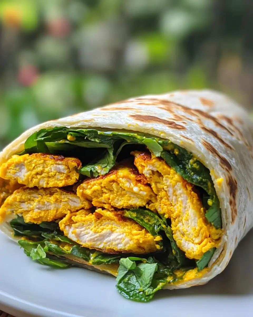 Close-up of turmeric chicken wrap with fresh veggies and creamy tahini sauce